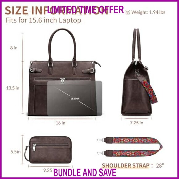 15.6 Inch Vegan Leather Laptop Tote Bag with 9 Pockets, Shoulder & Handbag - Picture 5 of 8